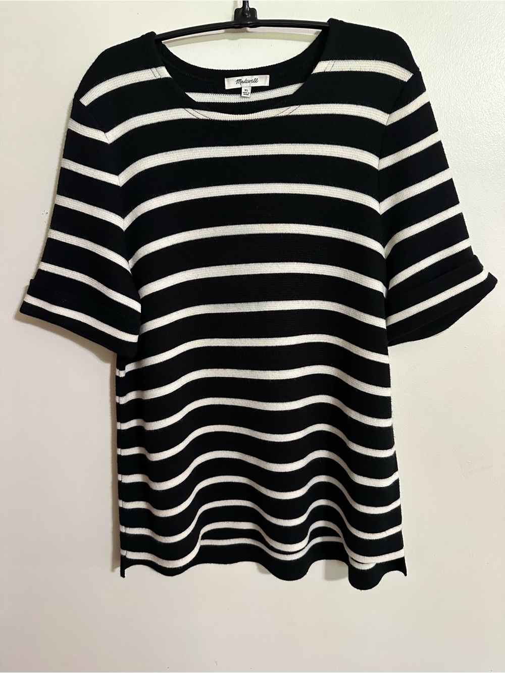 Madewell Wool Blend Black & White Striped Short-Sleeve Crewneck Sweater